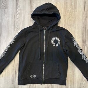 Chrome Hearts Horseshoe Floral Cross Sleeve Zip Up Hoodie in black and white